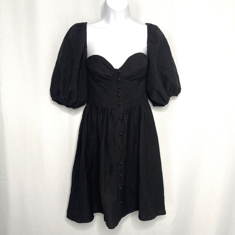 Kourt Black Linen‎ Blend Puff Sleeve Off Shoulder Bustier Mini Dress XS NEW LBD